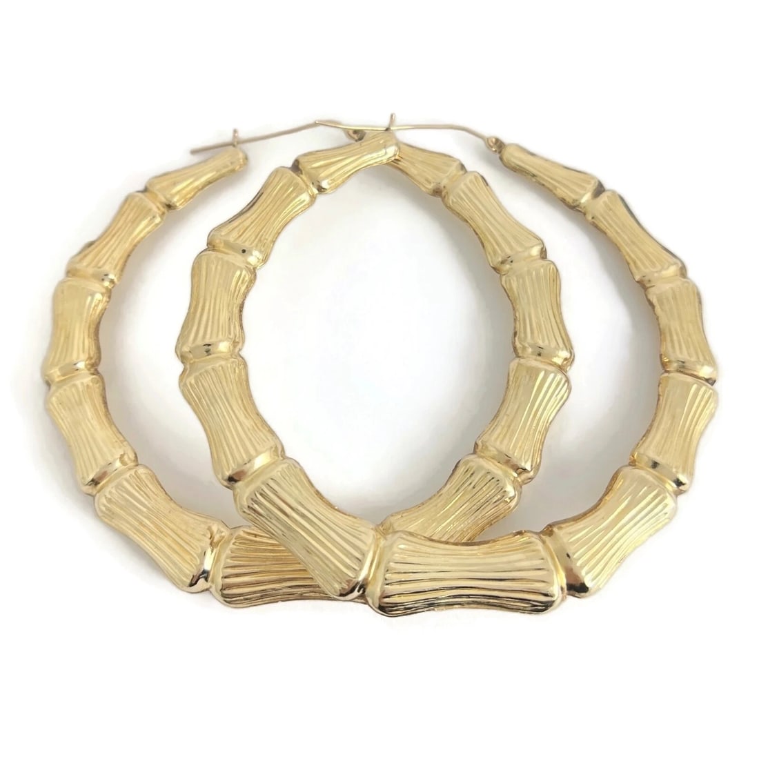 Big Bamboo Hoop Earrings 10K Yellow Gold, 3.25 Inches, 15.10 Grams - 2