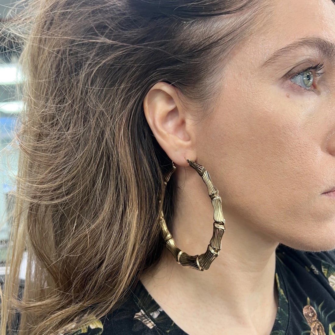 Big Bamboo Hoop Earrings 10K Yellow Gold, 3.25 Inches, 15.10 Grams - 4