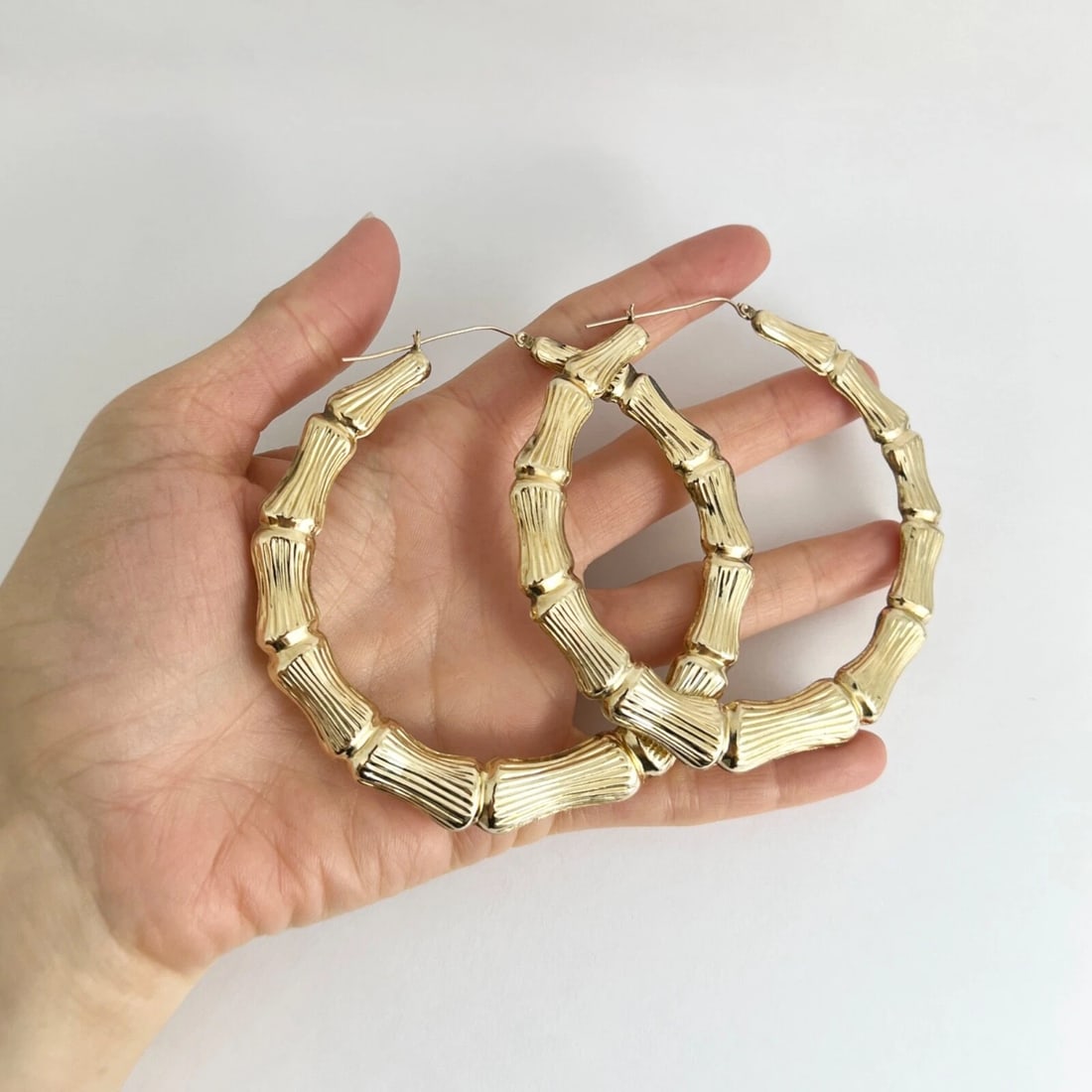 Big Bamboo Hoop Earrings 10K Yellow Gold, 3.25 Inches, 15.10 Grams - 5