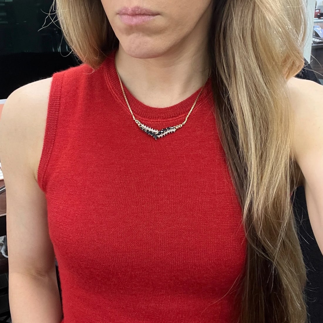 Estate Sapphire Diamond Chevron Pendant Necklace 14K Yellow Gold , 8.06 Gr - 4