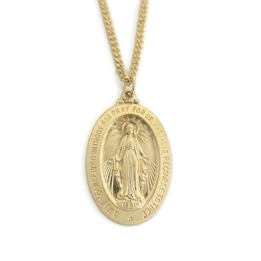 Mother Mary Miraculous Medal Religious Pendant Necklace 14K Yellow Gold, 14.54 G - 2