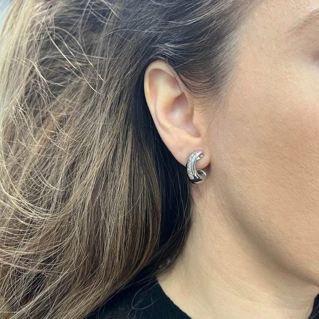 Estate Pave Diamond Curved Drop Earrings 14K White Gold, 5.24 Grams - 4