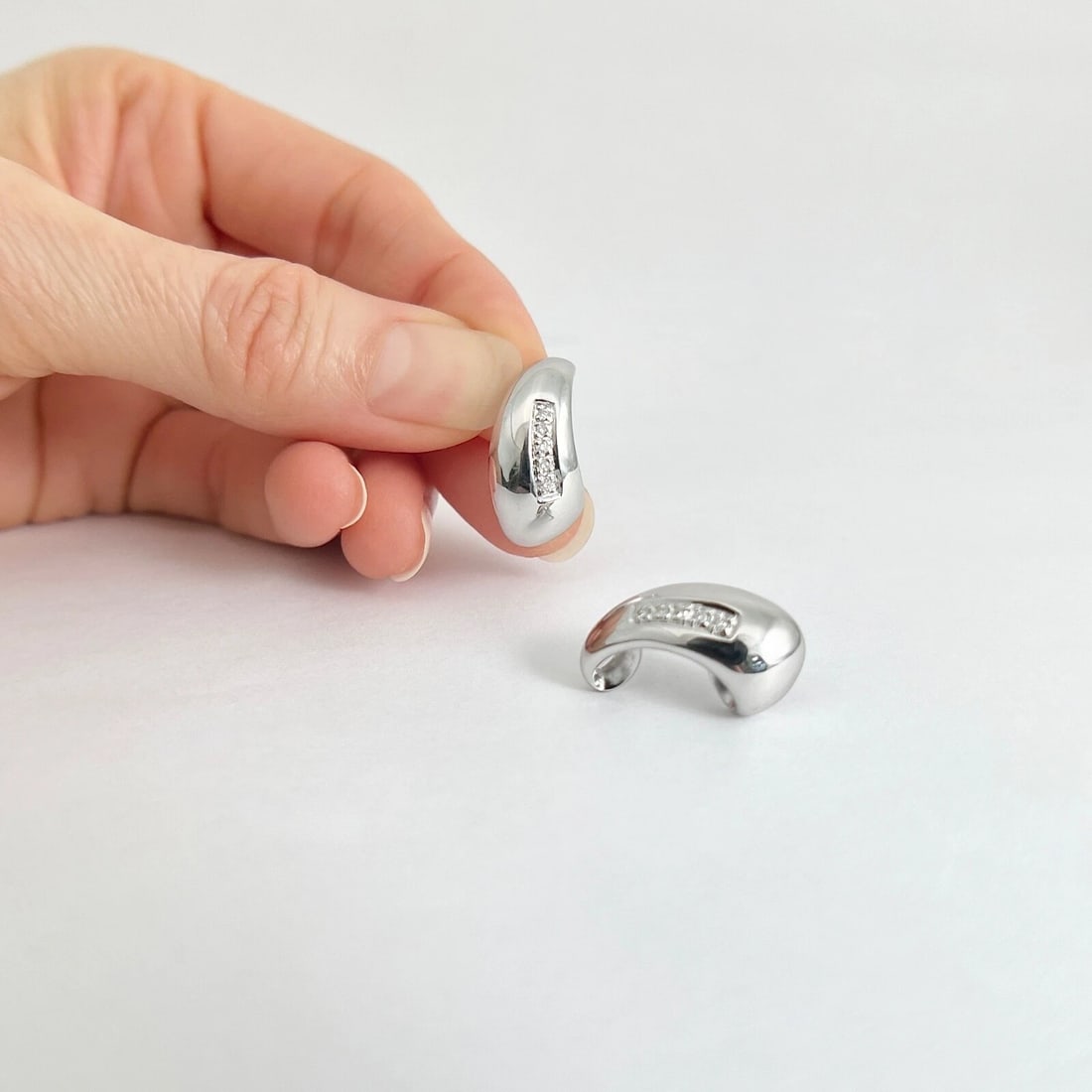 Estate Pave Diamond Curved Drop Earrings 14K White Gold, 5.24 Grams - 6