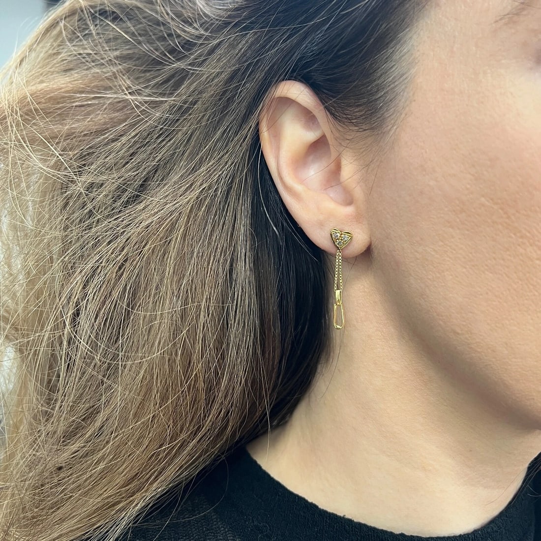 Estate Diamond Heart Box Chain Dangle Drop Earrings 18K Yellow Gold, 2.56 Grams - 4