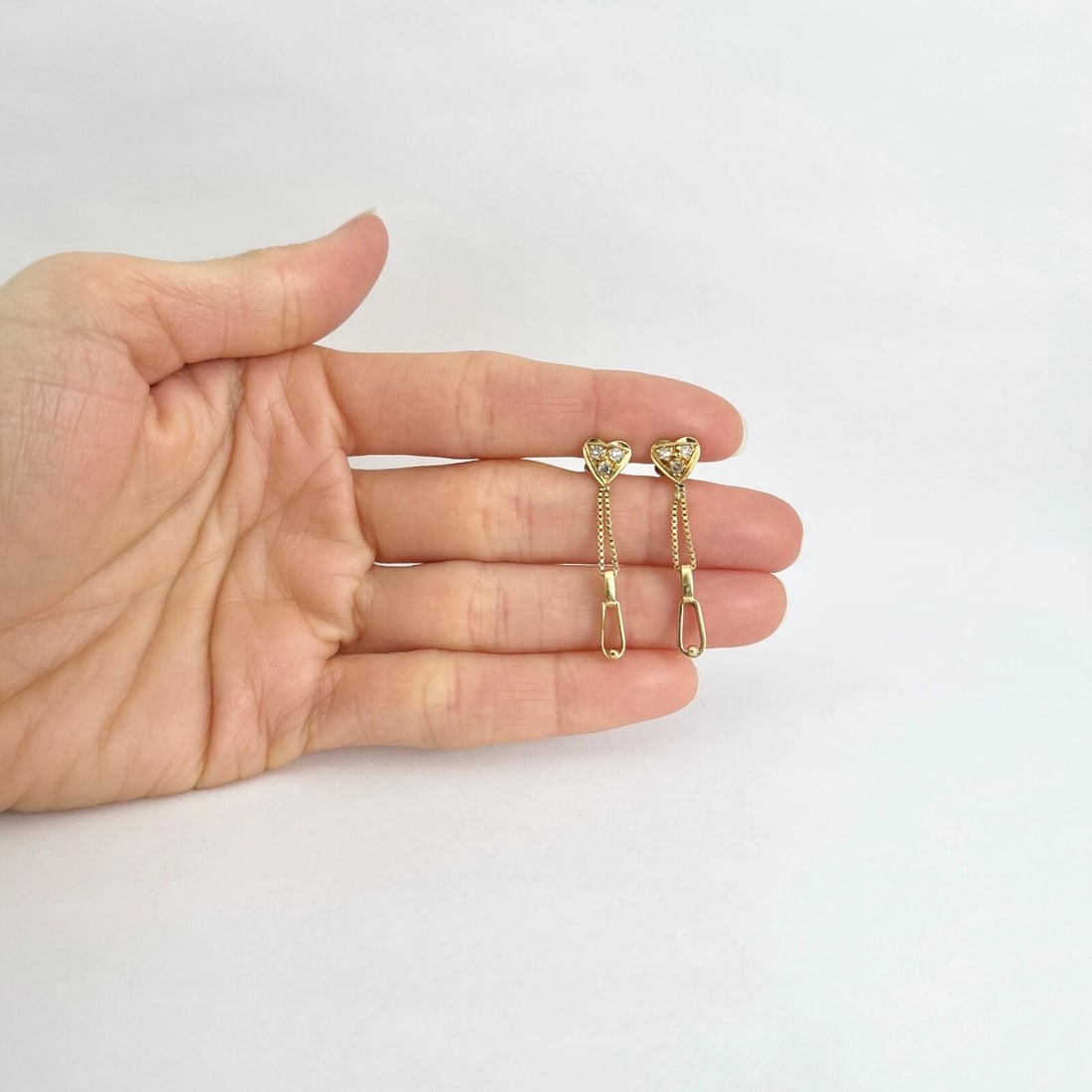 Estate Diamond Heart Box Chain Dangle Drop Earrings 18K Yellow Gold, 2.56 Grams - 5