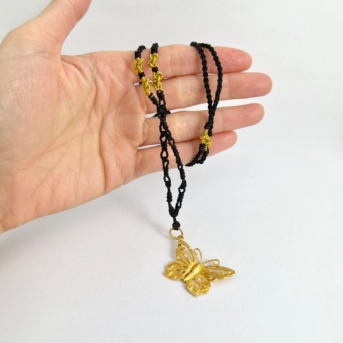 Butterfly Pendant Long Black Cord Necklace 24K Yellow Gold, 28 Inches, 8.26 Gram - 4