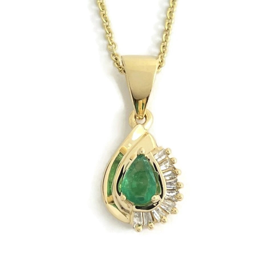 Emerald Diamond Gemstone Teardrop Pendant Necklace 14K Yellow Gold, 3.98 Grams (1 of 9)