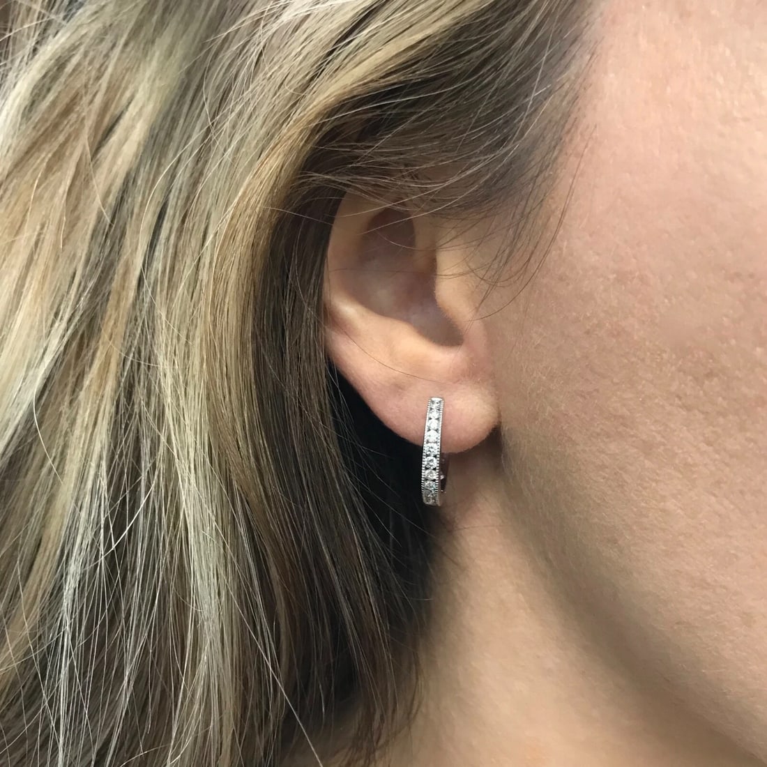 One Single Diamond Channel-Set Milgrain Hoop Earring 14K White Gold, 2.36 Grams - 5