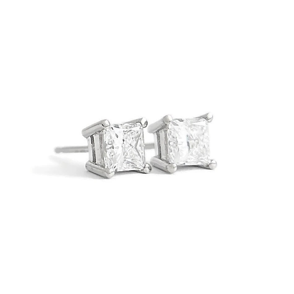 Princess Cut Lab-Created Diamond Stud Earrings 14K White Gold 4-Prong, 1.06 CTW - 2