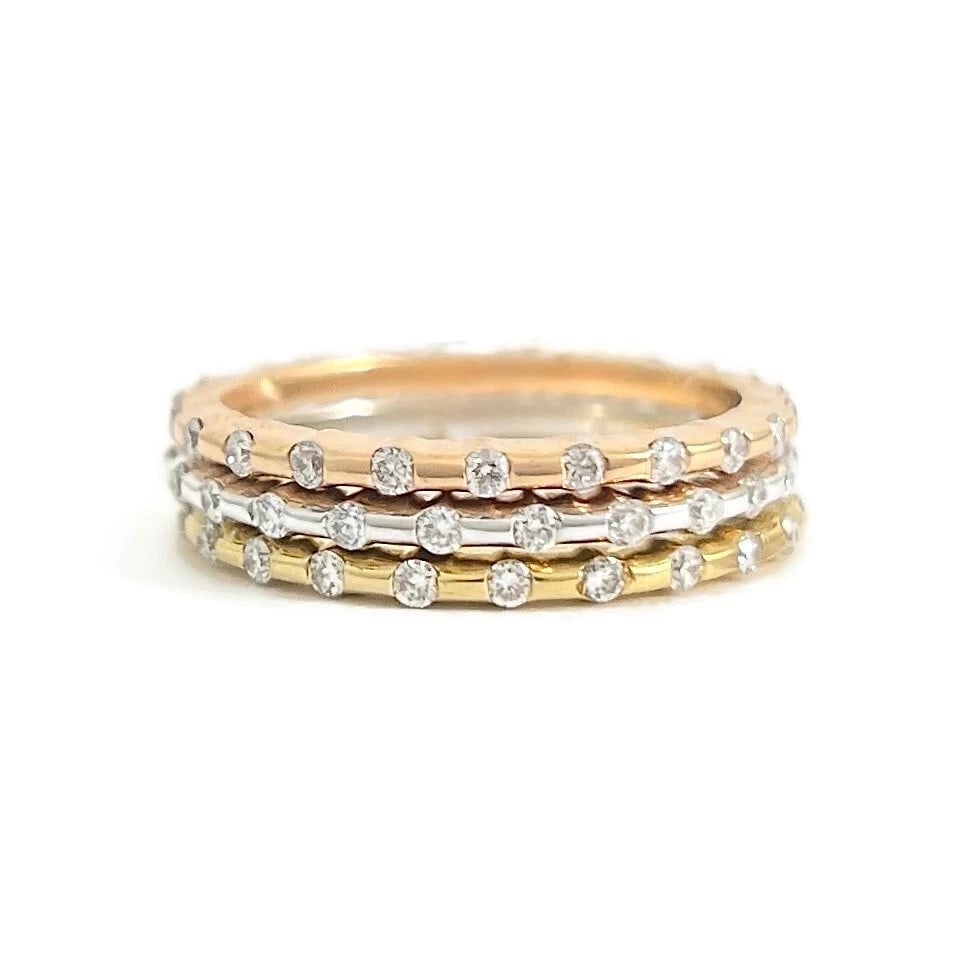 Set of 3 Tri-Color Diamond Eternity Band Rings 14K Rose White Yellow Gold - 2
