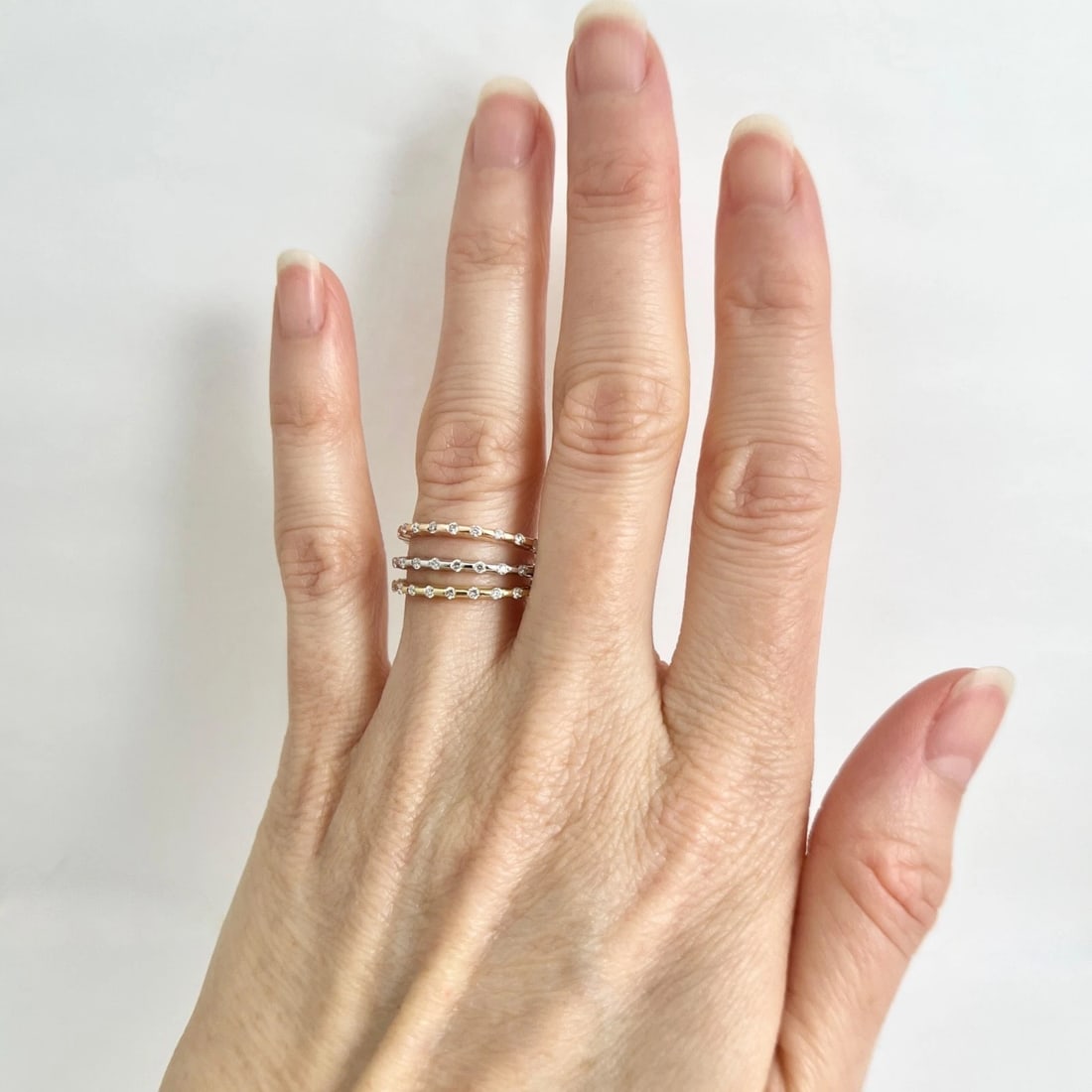 Set of 3 Tri-Color Diamond Eternity Band Rings 14K Rose White Yellow Gold - 5