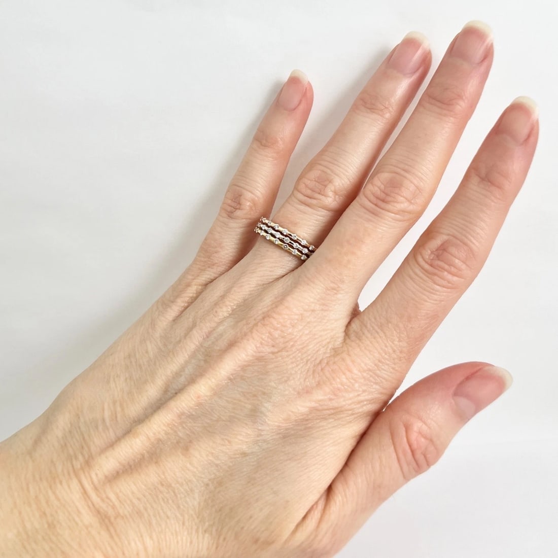 Set of 3 Tri-Color Diamond Eternity Band Rings 14K Rose White Yellow Gold - 6