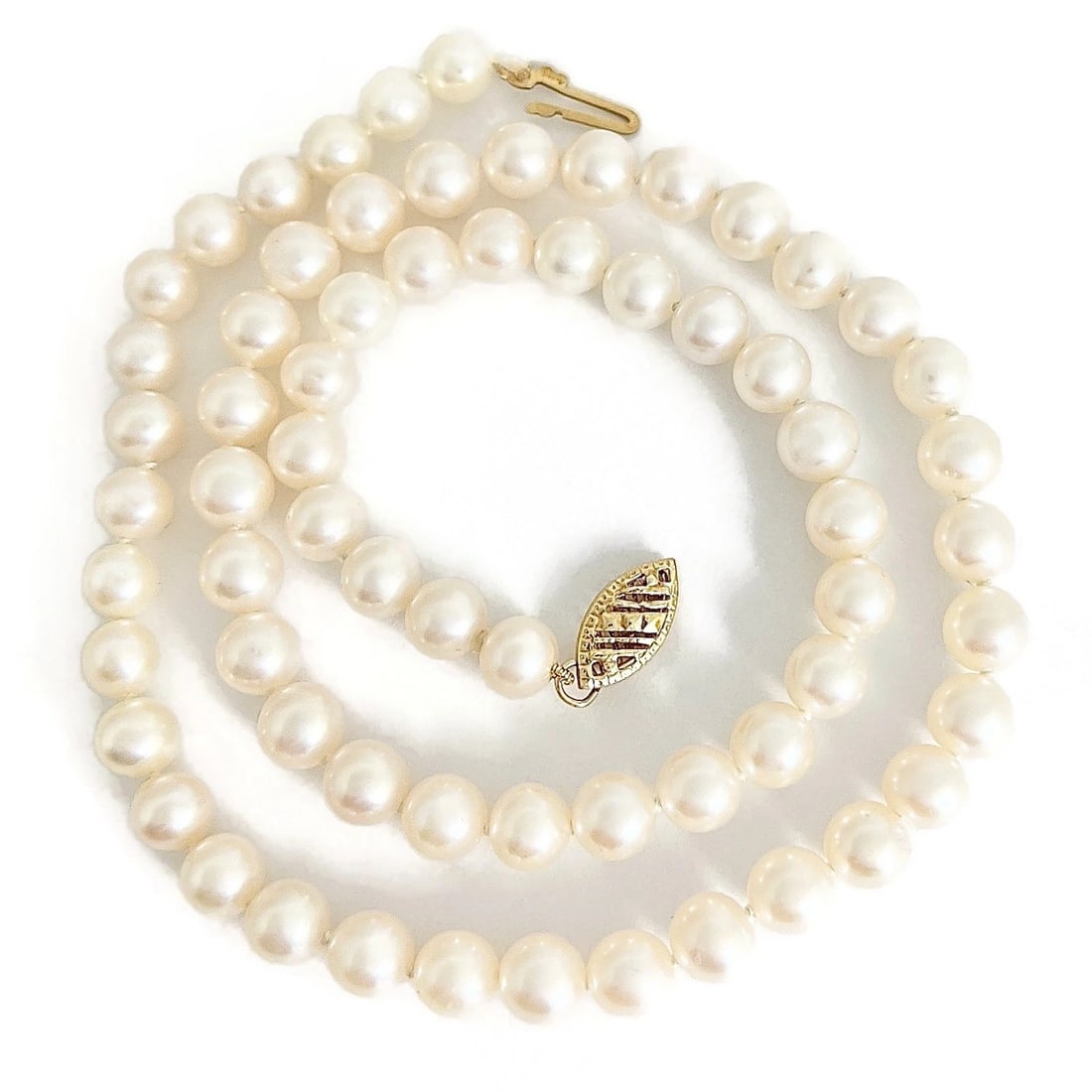 White Japanese Pearl Strand Necklace 14K Yellow Gold Clasp, 16 Inches, 6 mm - 2