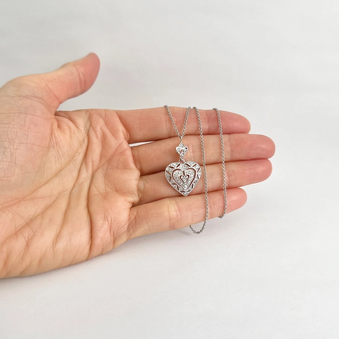 Pave Diamond Filigree Heart Pendant Necklace 14K White Gold, .25 CTW - 3