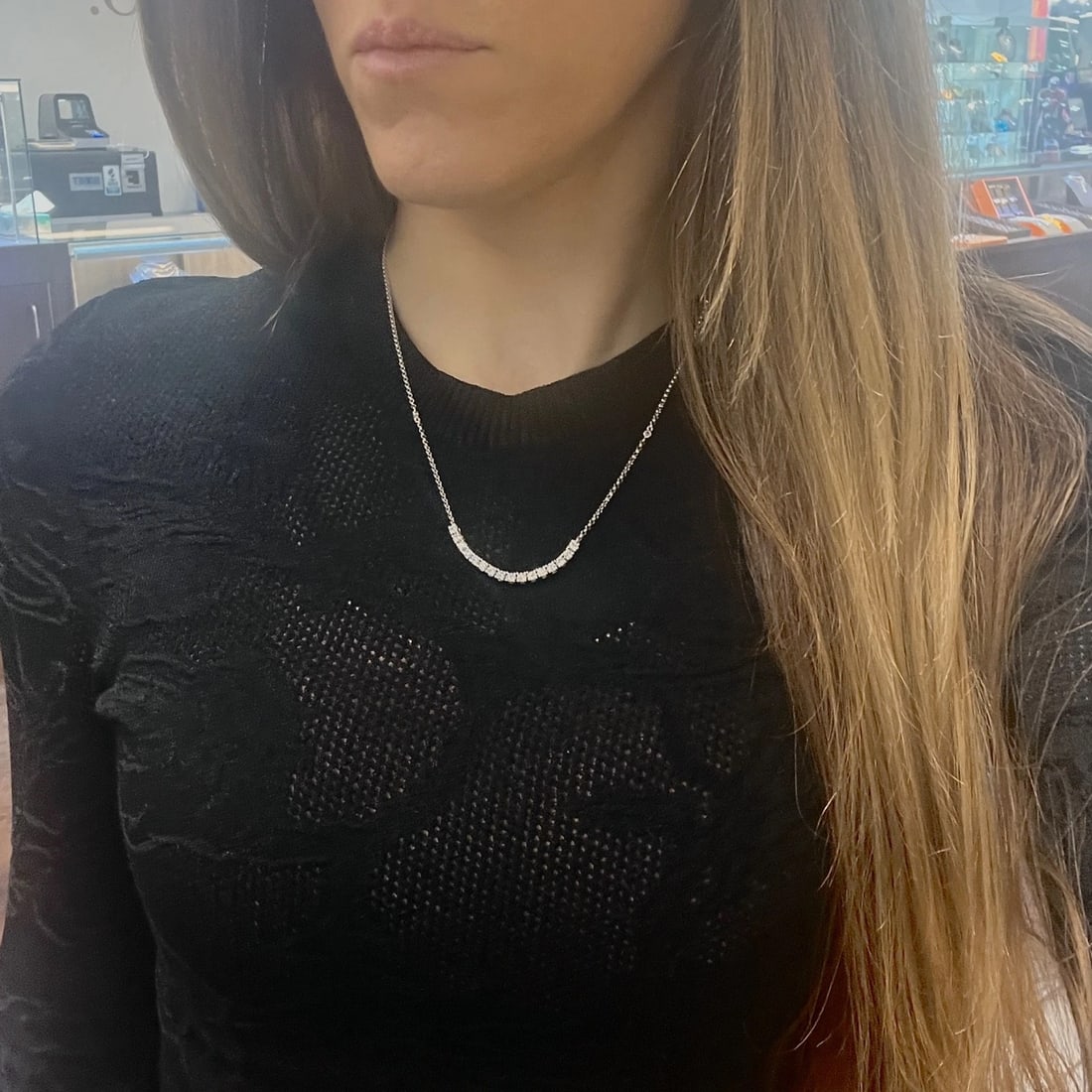 Curved Lab-Created Diamond Flexible Smile Bar Necklace 14K White Gold, 1.13 CTW - 6