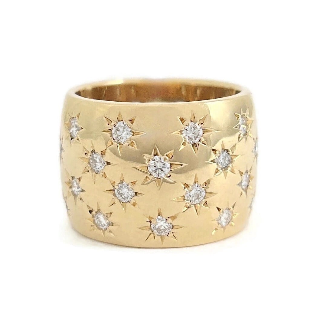 Wide Diamond Speckled Statement Band Ring 14K Yellow Gold, Size 7.5, 1.65 CTW - 2