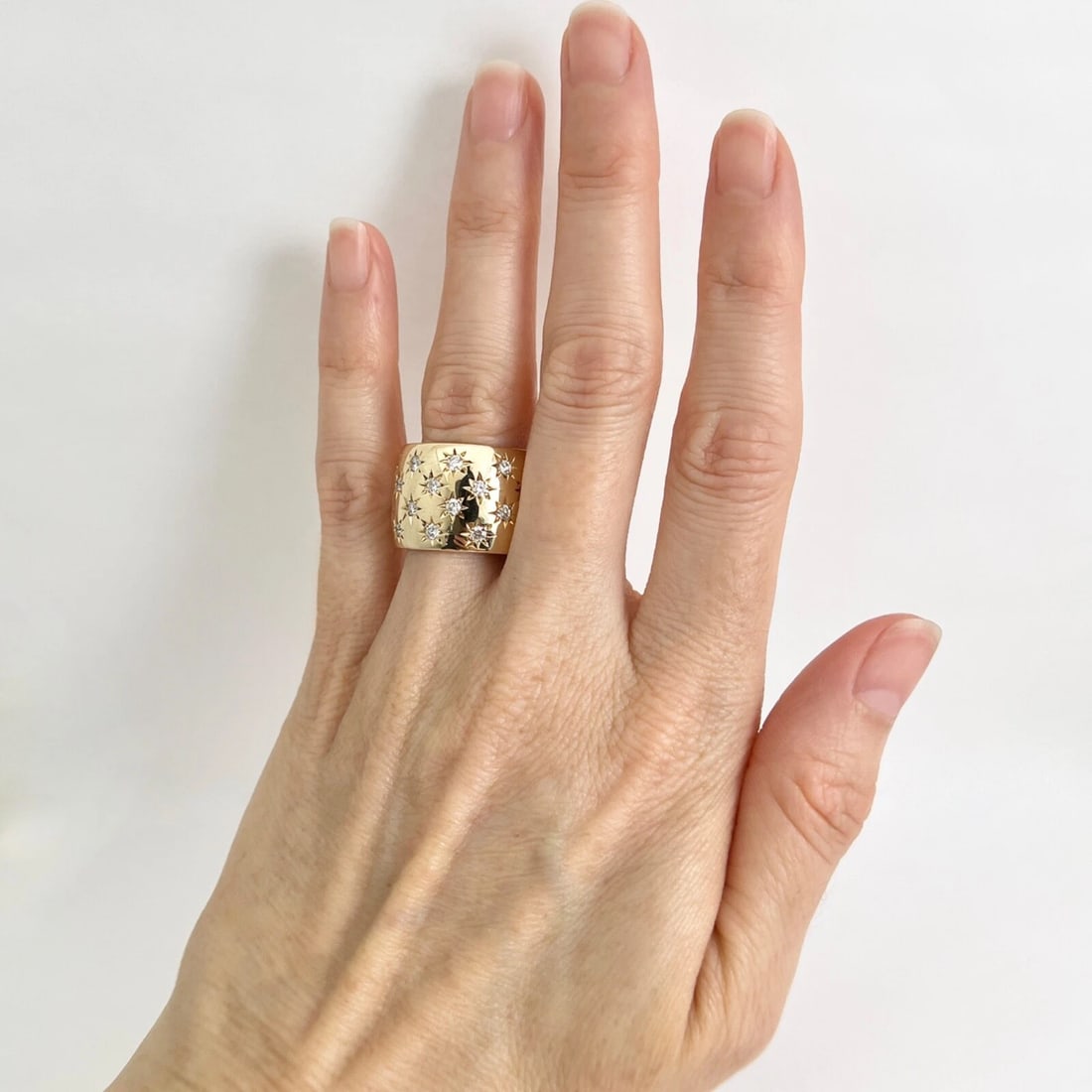 Wide Diamond Speckled Statement Band Ring 14K Yellow Gold, Size 7.5, 1.65 CTW - 3