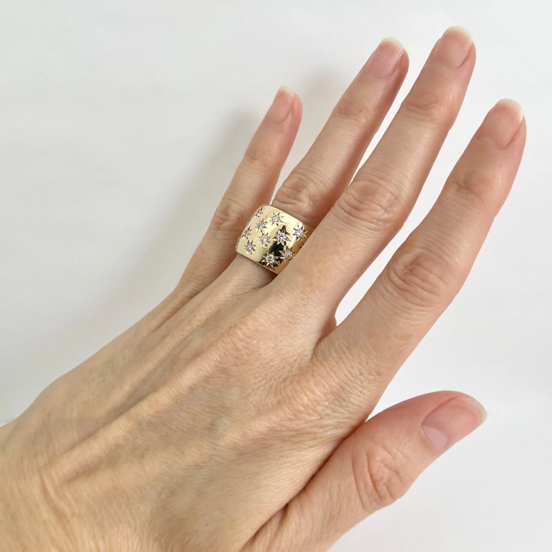 Wide Diamond Speckled Statement Band Ring 14K Yellow Gold, Size 7.5, 1.65 CTW - 4