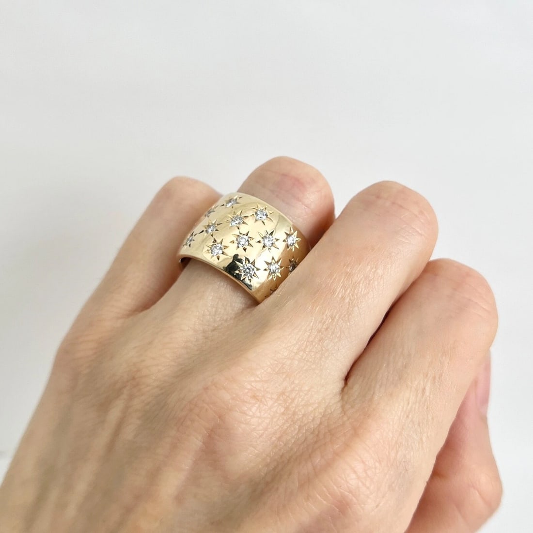 Wide Diamond Speckled Statement Band Ring 14K Yellow Gold, Size 7.5, 1.65 CTW - 5