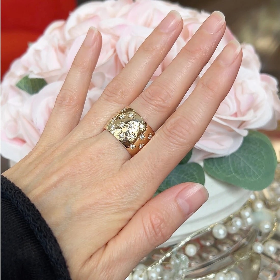 Wide Diamond Speckled Statement Band Ring 14K Yellow Gold, Size 7.5, 1.65 CTW - 7