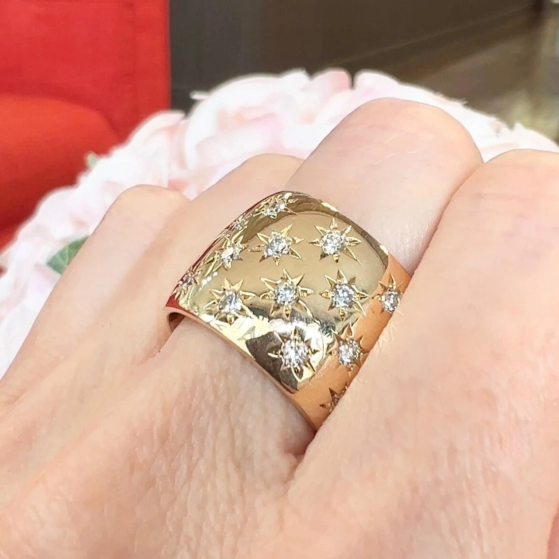 Wide Diamond Speckled Statement Band Ring 14K Yellow Gold, Size 7.5, 1.65 CTW - 8