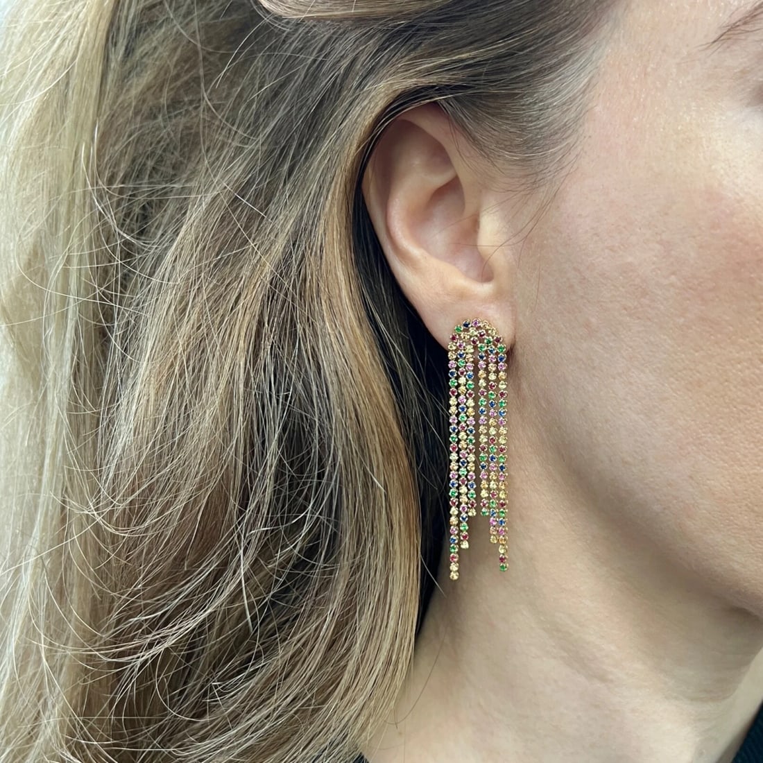 Long Multicolored Gemstone Chain Dangle Drop Earrings 14K Yellow Gold, 3.67 CTW - 3