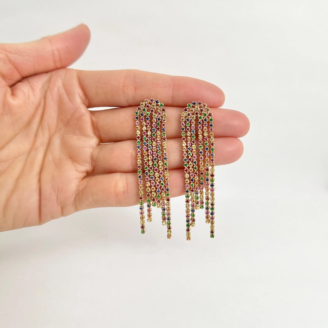 Long Multicolored Gemstone Chain Dangle Drop Earrings 14K Yellow Gold, 3.67 CTW - 4