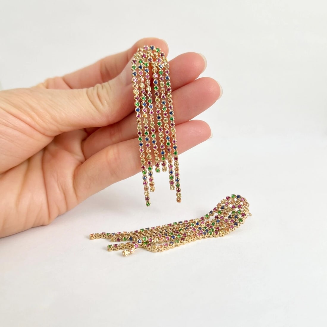 Long Multicolored Gemstone Chain Dangle Drop Earrings 14K Yellow Gold, 3.67 CTW - 5