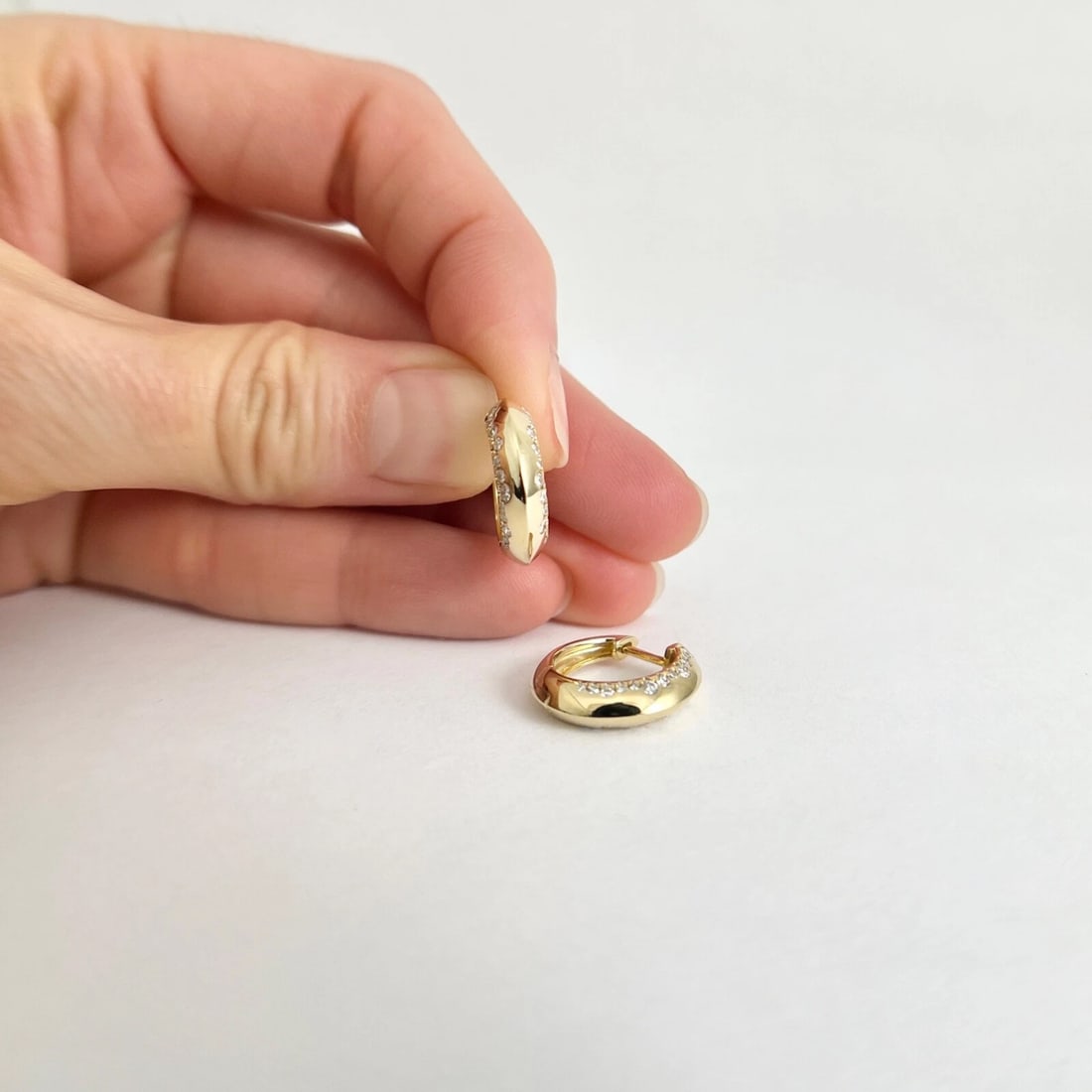 Side Diamond Huggie Small Hoop Earrings 14K Yellow Gold, .44 CTW - 4