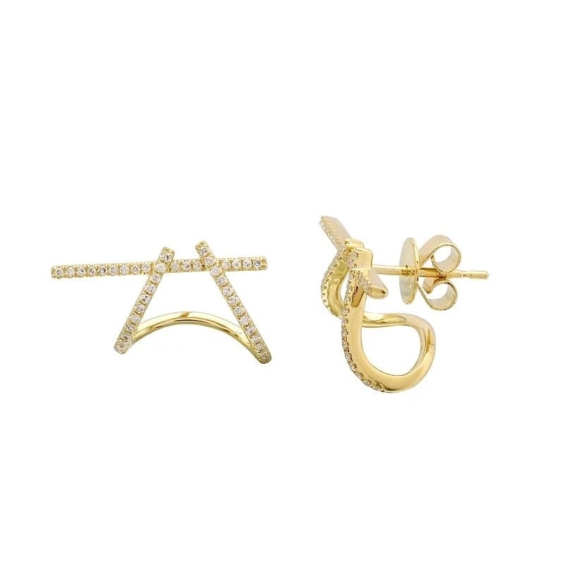 Asymmetrical Diamond Cuff Huggie Stud Earrings 14K Yellow Gold, .20 CTW - 2