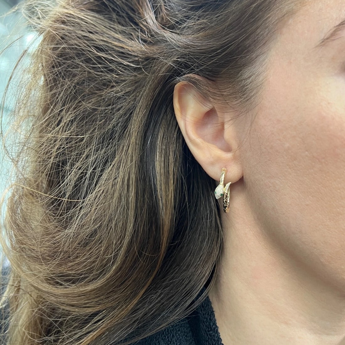 Emerald Eye Diamond Snake Hoop Earrings 14K Yellow Gold, 1 Inch, .29 CTW - 7