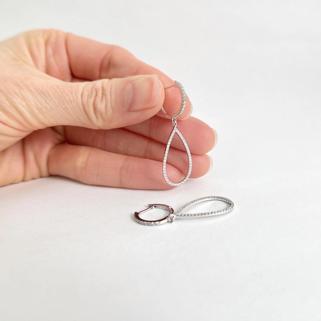 Pave Diamond Open Teardrop Dangle Drop Earrings 14K White Gold, .85 CTW - 3