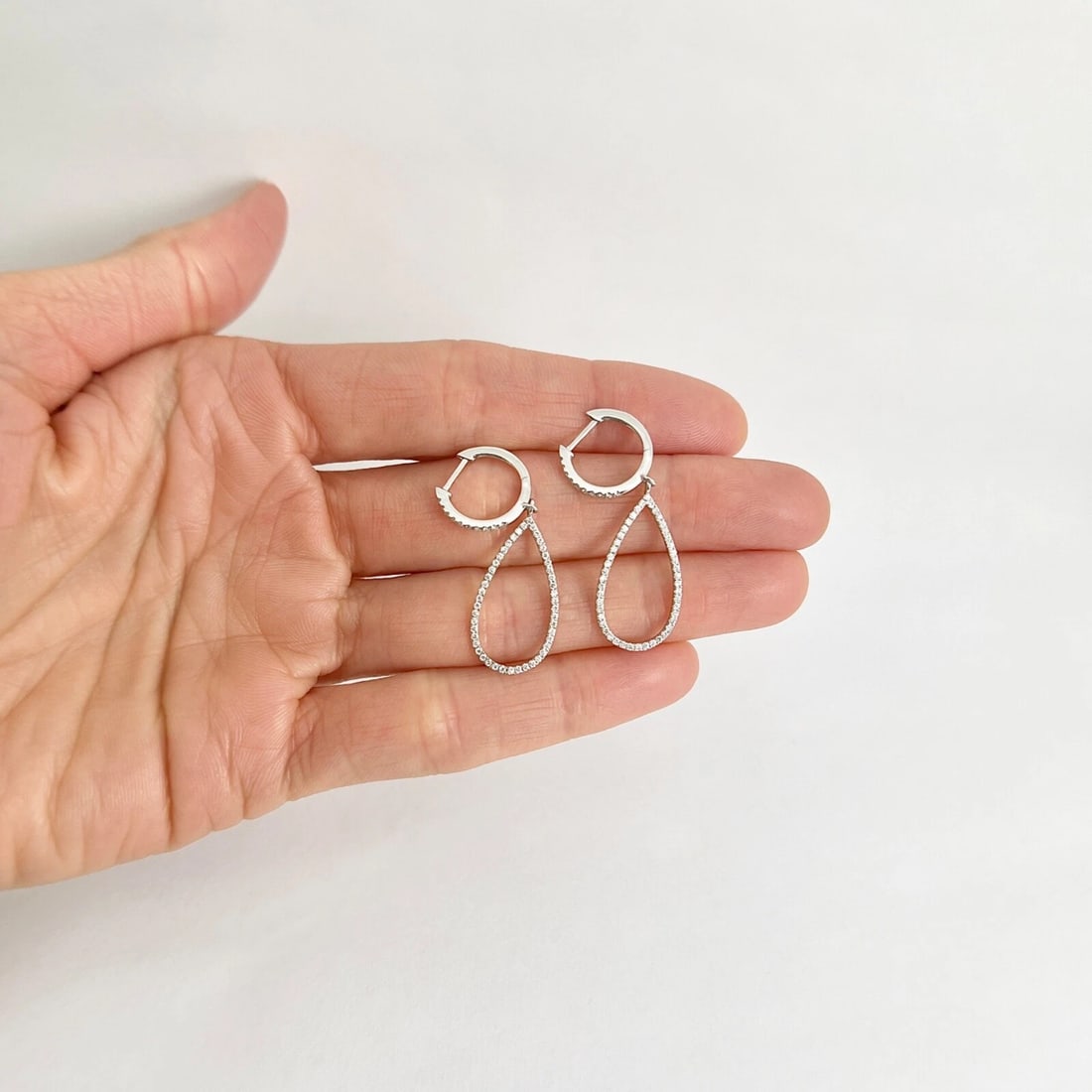 Pave Diamond Open Teardrop Dangle Drop Earrings 14K White Gold, .85 CTW - 5