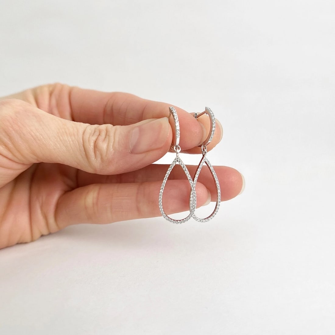 Pave Diamond Open Teardrop Dangle Drop Earrings 14K White Gold, .85 CTW - 6