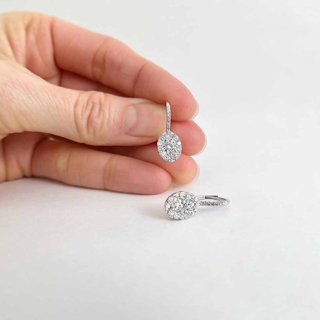 Oval Pave Diamond Cluster Halo Drop Earrings 14K White Gold, 1.37 CTW - 4