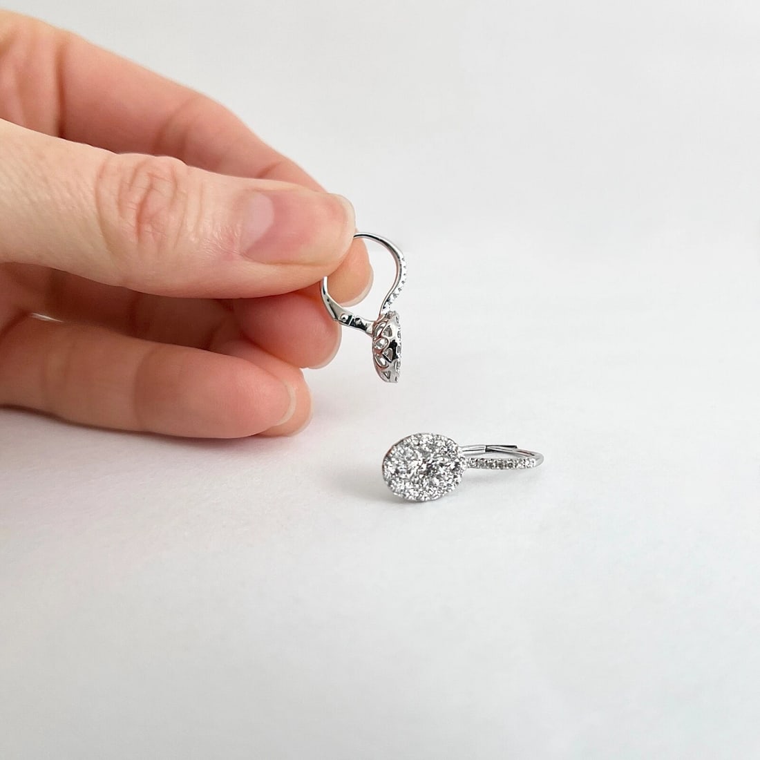 Oval Pave Diamond Cluster Halo Drop Earrings 14K White Gold, 1.37 CTW - 5