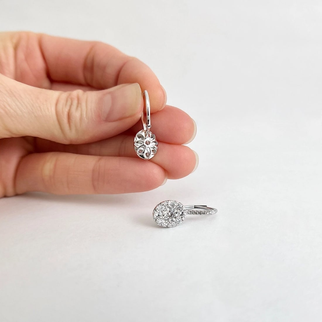 Oval Pave Diamond Cluster Halo Drop Earrings 14K White Gold, 1.37 CTW - 6