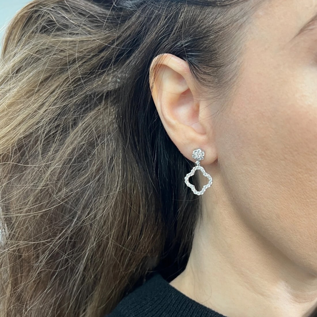 Open Diamond Clover Flower Dangle Drop Earrings 14K White Gold, 3.97 CTW - 3