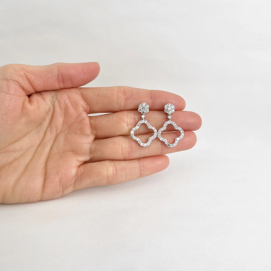 Open Diamond Clover Flower Dangle Drop Earrings 14K White Gold, 3.97 CTW - 4