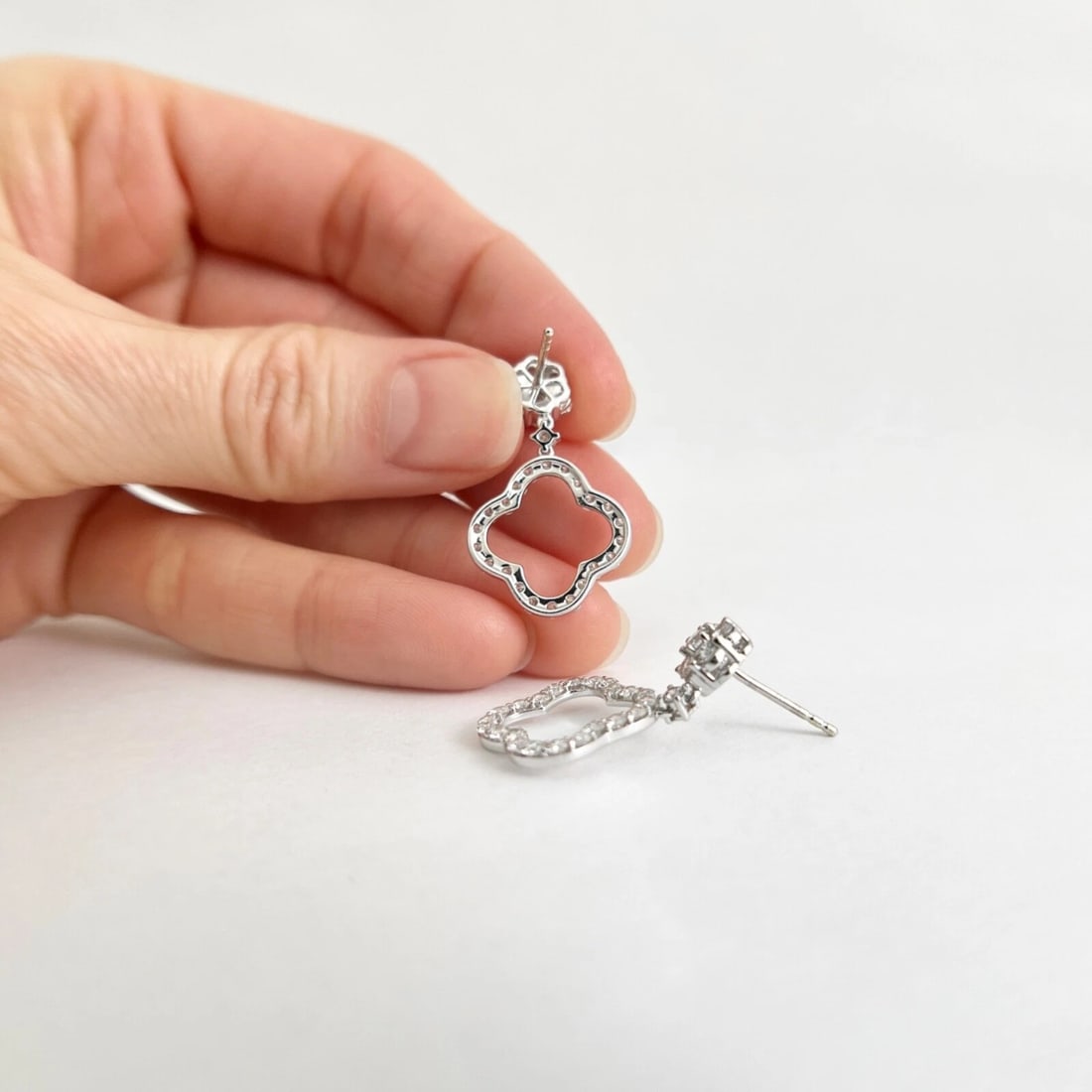 Open Diamond Clover Flower Dangle Drop Earrings 14K White Gold, 3.97 CTW - 7