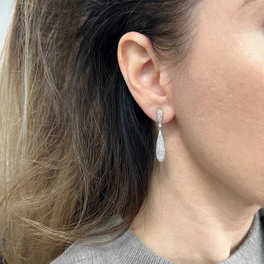 Pave Diamond Teardrop Dangle Drop Earrings 14K White Gold, 1.21 CTW - 3