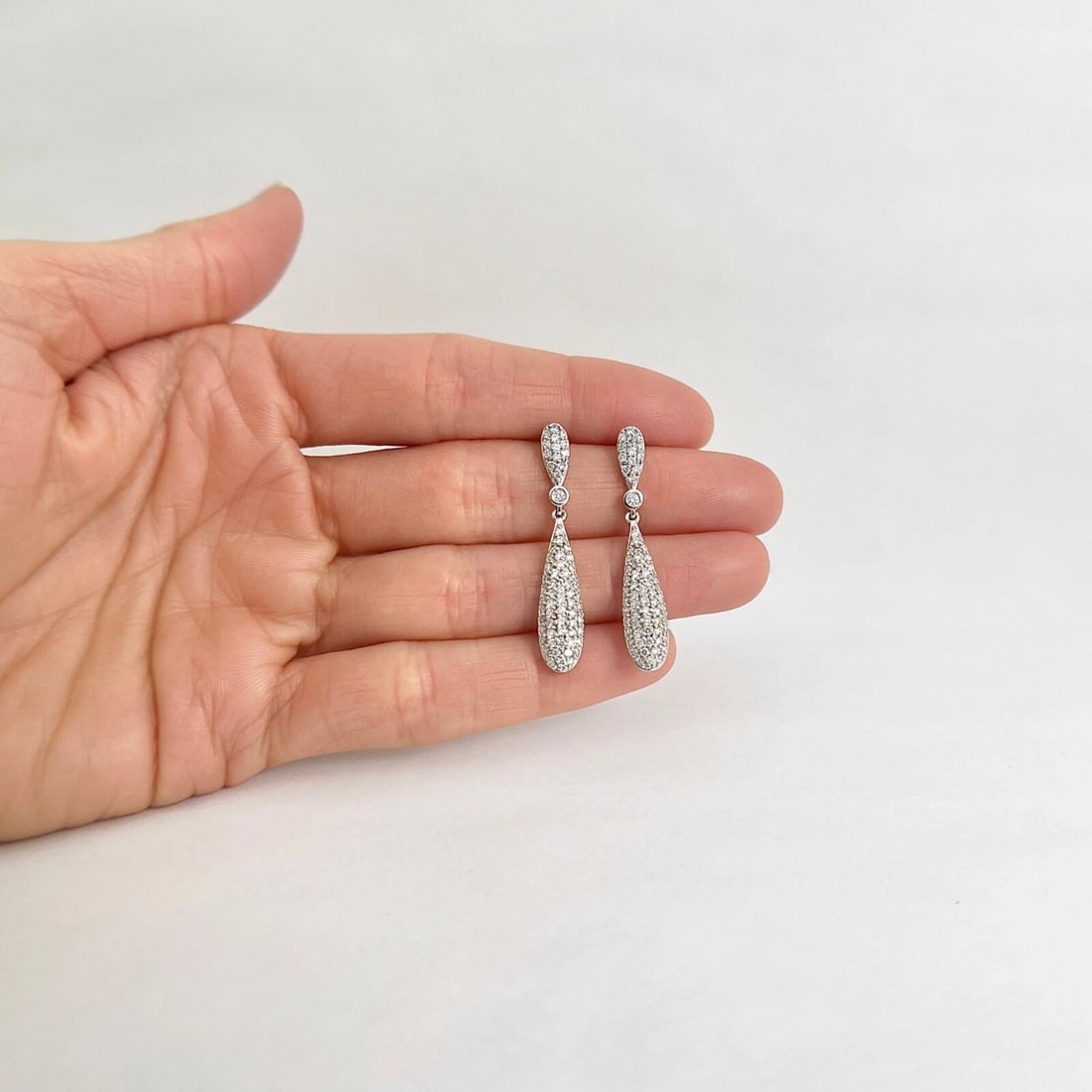 Pave Diamond Teardrop Dangle Drop Earrings 14K White Gold, 1.21 CTW - 4