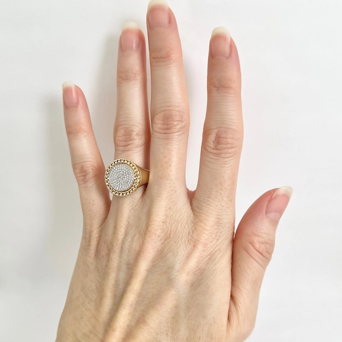 Round Pave Diamond Cuban Chain Link Halo Signet Ring 14K Yellow Gold .21 CTW - 3