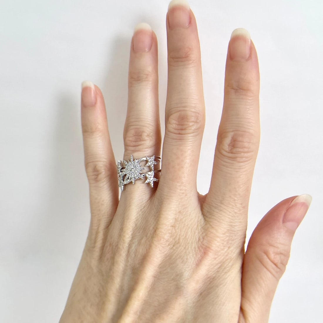 Wide Diamond Star Starburst Statement Ring 14K White Gold .35 CTW - 4