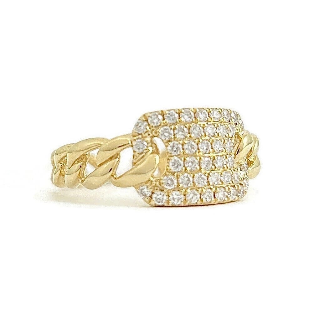 Pave Diamond Cuban Curb Chain Statement Ring 14K Yellow Gold .32 CTW - 2