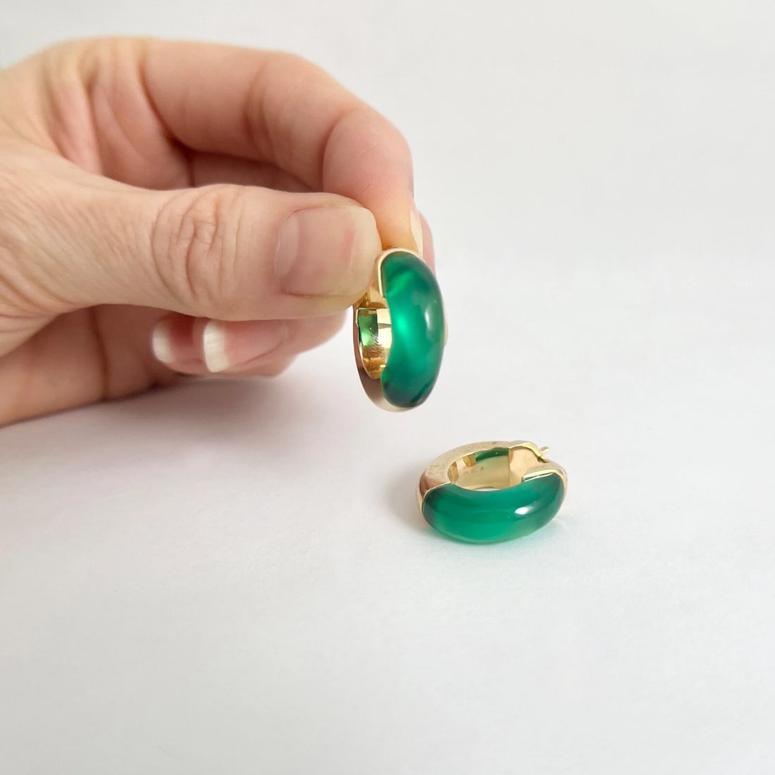 Green Chalcedony Gemstone Hoop Earrings 14K Yellow Gold, 11.63 ctw - 6