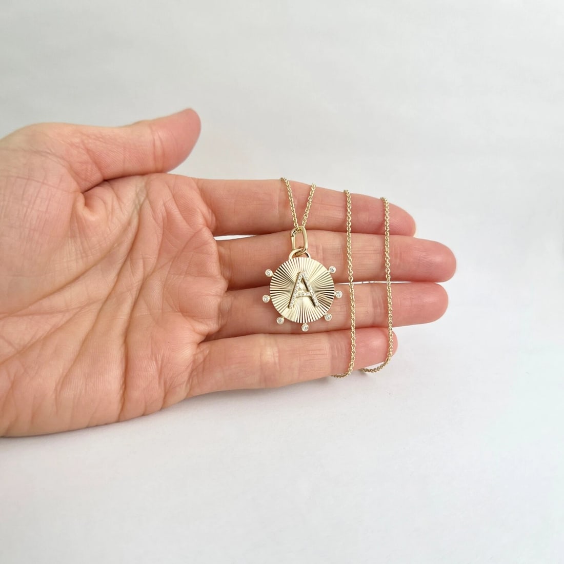 Letter A Initial Diamond Fluted Disc Pendant Necklace 14K Yellow Gold .15 CTW - 3