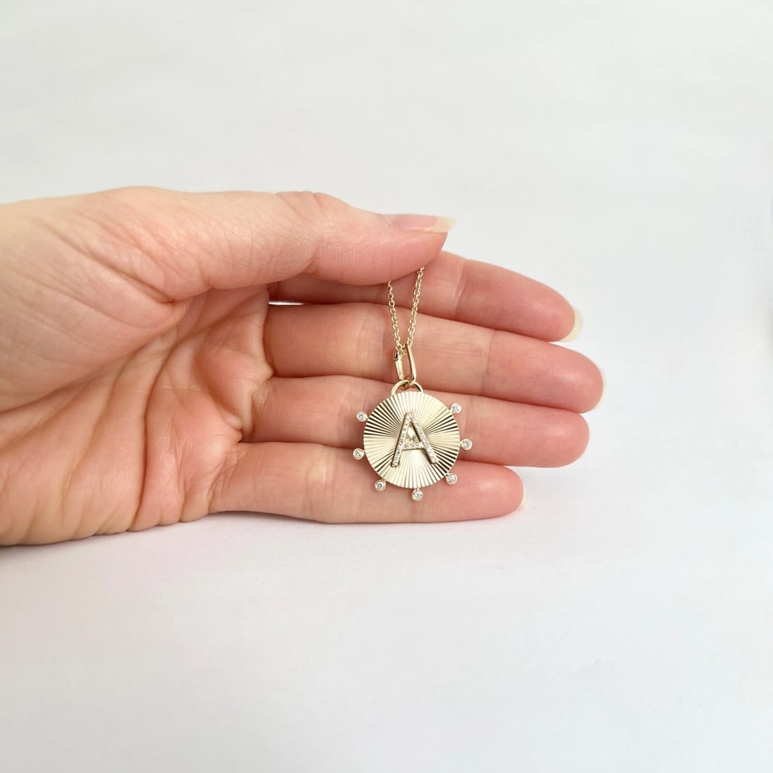 Letter A Initial Diamond Fluted Disc Pendant Necklace 14K Yellow Gold .15 CTW - 4