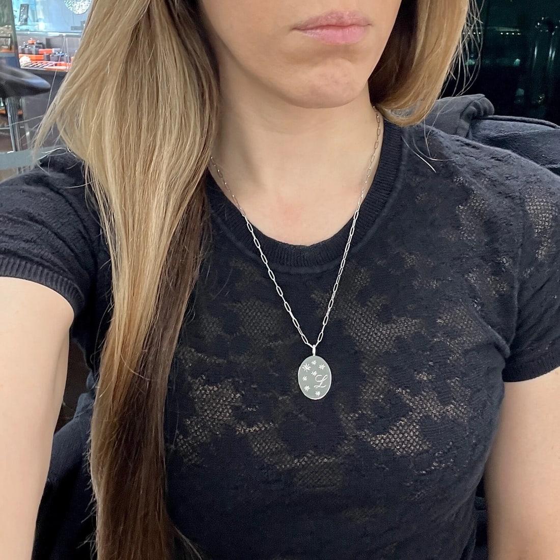 Letter L Initial Diamond Disc Paperclip Pendant Necklace 14K White Gold .11 CTW - 5