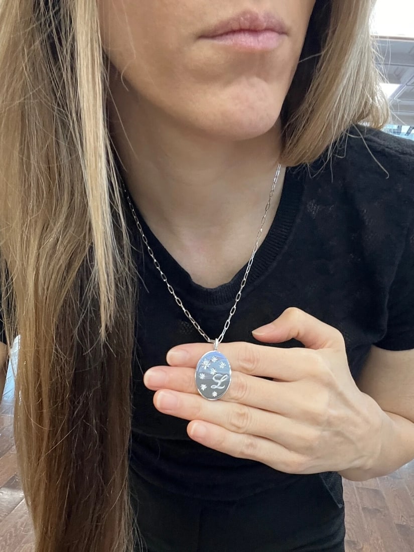 Letter L Initial Diamond Disc Paperclip Pendant Necklace 14K White Gold .11 CTW - 7